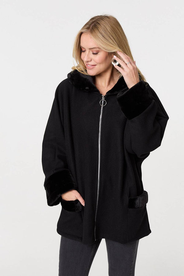 Black | Faux Fur Trim Zip-Up Relaxed Jacket
