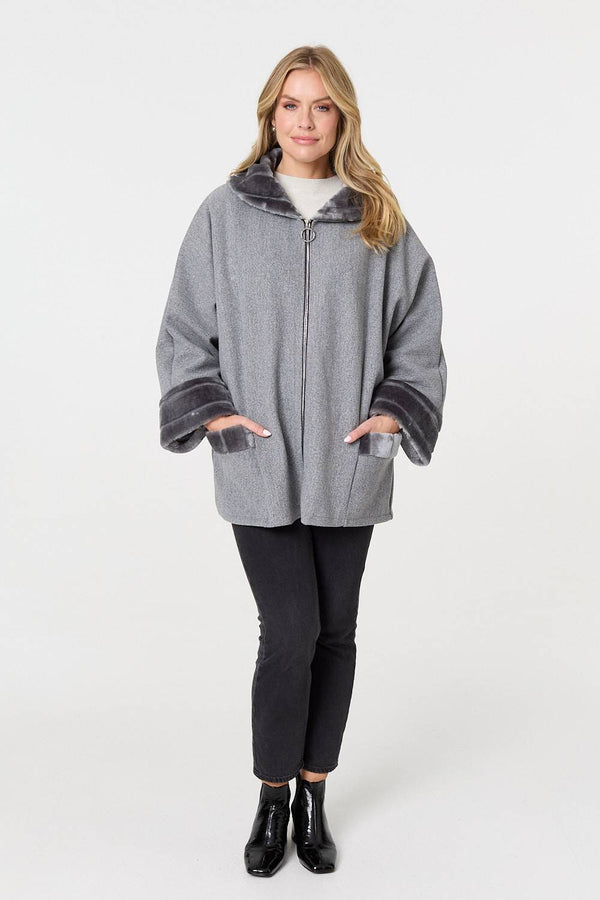 Grey | Faux Fur Trim Zip-Up Relaxed Jacket