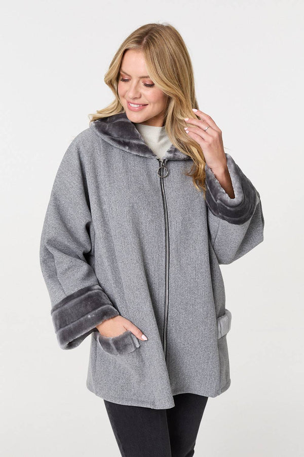 Grey | Faux Fur Trim Zip-Up Relaxed Jacket
