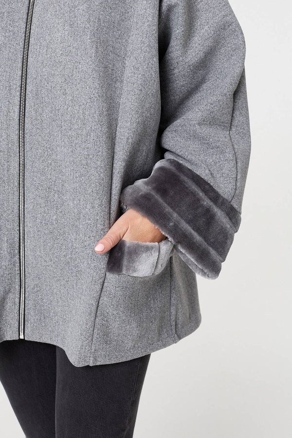 Grey | Faux Fur Trim Zip-Up Relaxed Jacket