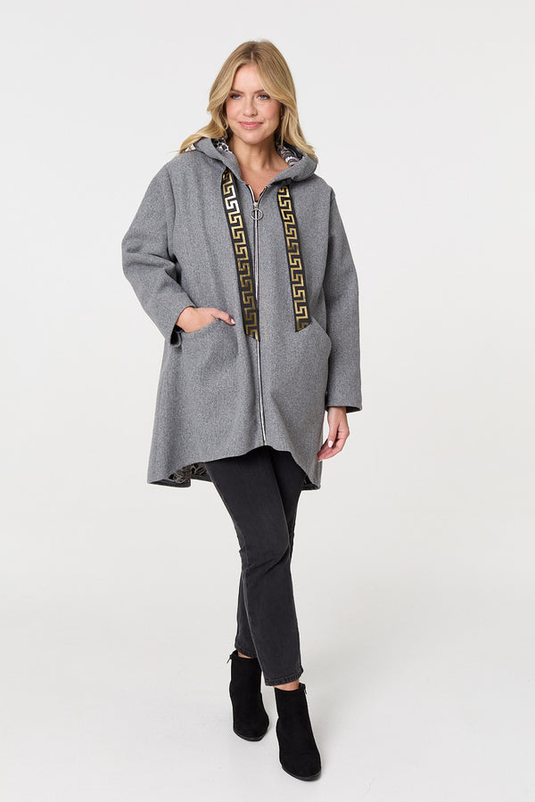 Grey | Contrast Trim Hood Turn-Up Sleeve Jacket