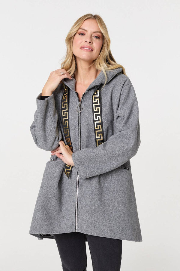 Grey | Contrast Trim Hood Turn-Up Sleeve Jacket
