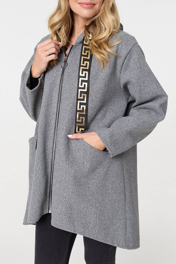 Grey | Contrast Trim Hood Turn-Up Sleeve Jacket
