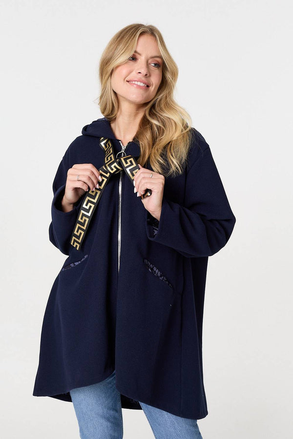 Navy | Contrast Trim Hood Turn-Up Sleeve Jacket
