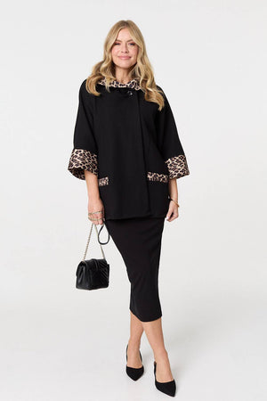 Black | Animal Print Trim 3/4 Sleeve Cape Coat
