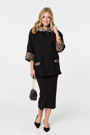 Black | Animal Print Trim 3/4 Sleeve Cape Coat
