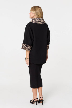Black | Animal Print Trim 3/4 Sleeve Cape Coat

