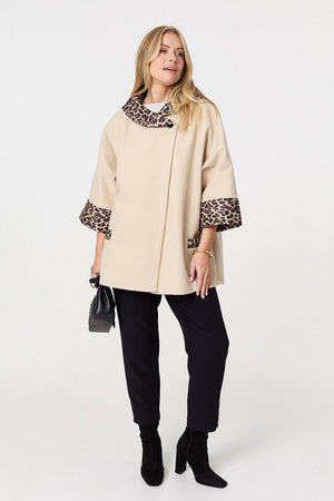 Cream | Animal Print Trim 3/4 Sleeve Cape Coat