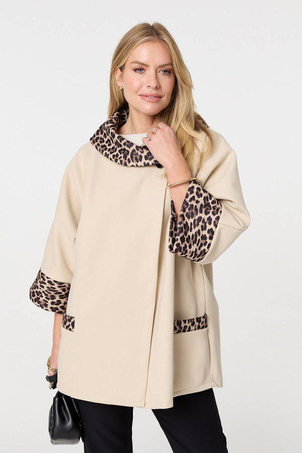 Cream | Animal Print Trim 3/4 Sleeve Cape Coat
