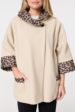 Cream | Animal Print Trim 3/4 Sleeve Cape Coat