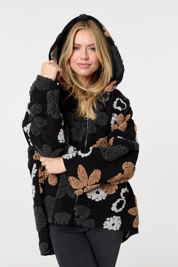 Brown | Textured Floral Longline Hoodie Coat
