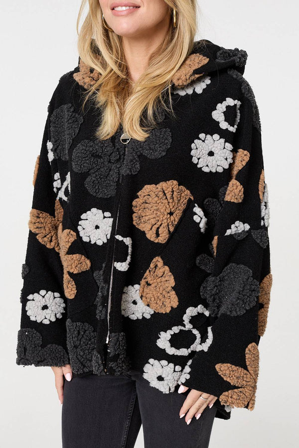 Brown | Textured Floral Longline Hoodie Coat
