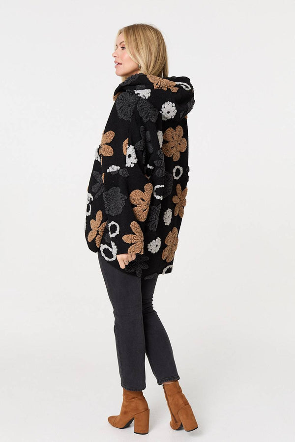 Brown | Textured Floral Longline Hoodie Coat
