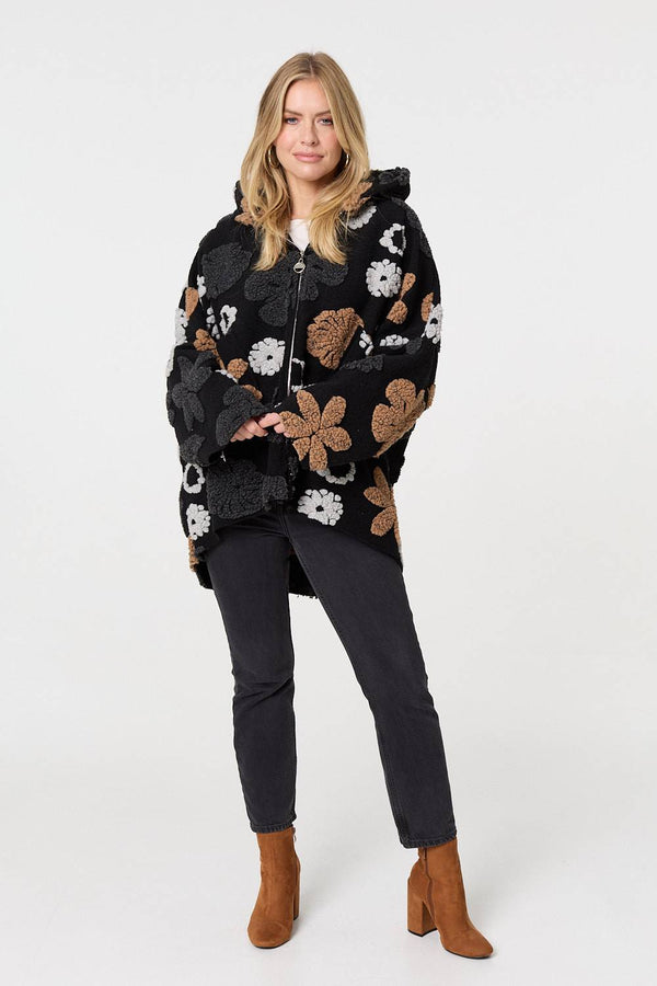 Brown | Textured Floral Longline Hoodie Coat
