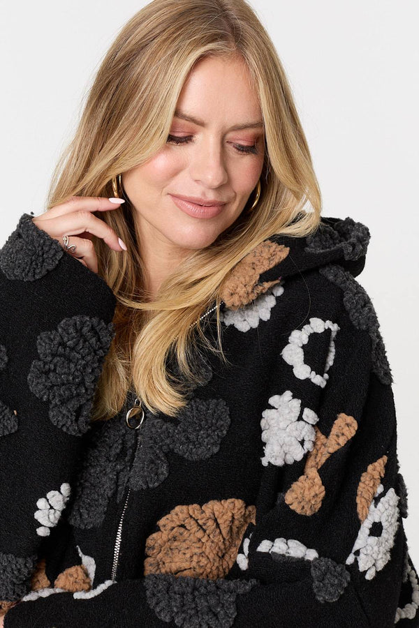 Brown | Textured Floral Longline Hoodie Coat
