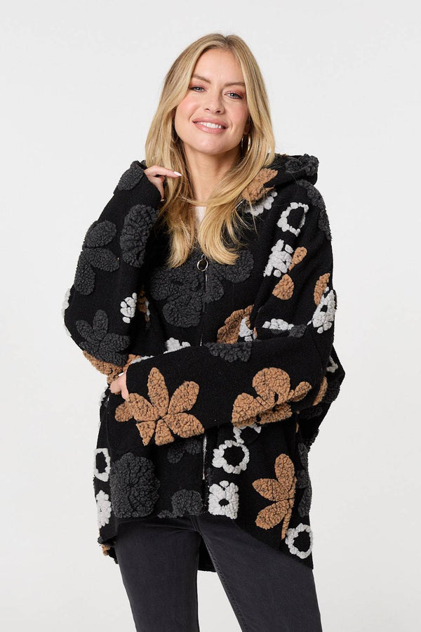 Brown | Textured Floral Longline Hoodie Coat
