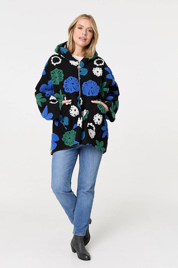 Blue | Textured Floral Longline Hoodie Coat
