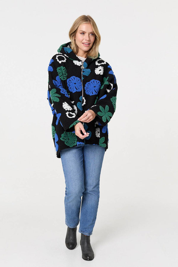 Blue | Textured Floral Longline Hoodie Coat
