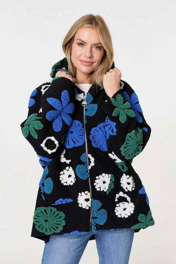 Blue | Textured Floral Longline Hoodie Coat
