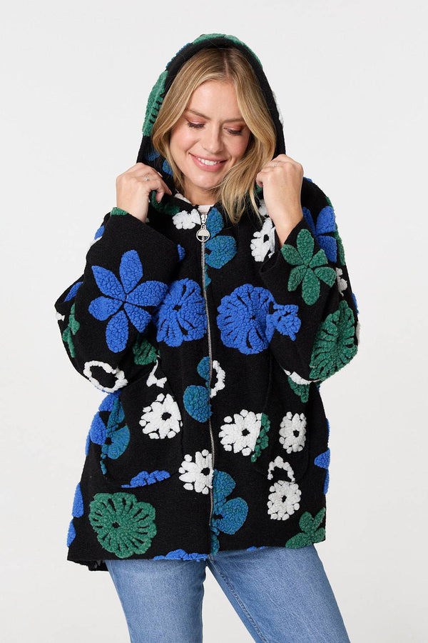 Blue | Textured Floral Longline Hoodie Coat
