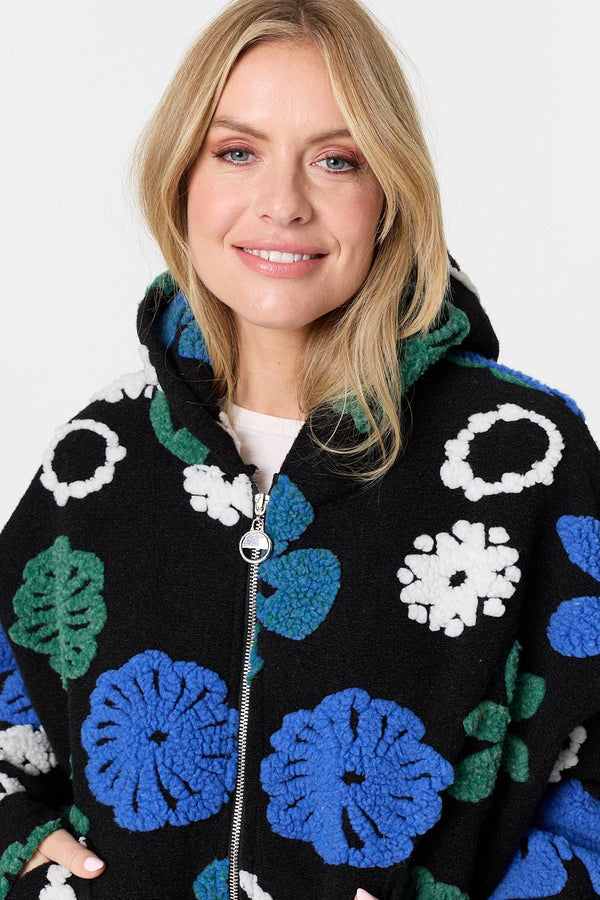 Blue | Textured Floral Longline Hoodie Coat
