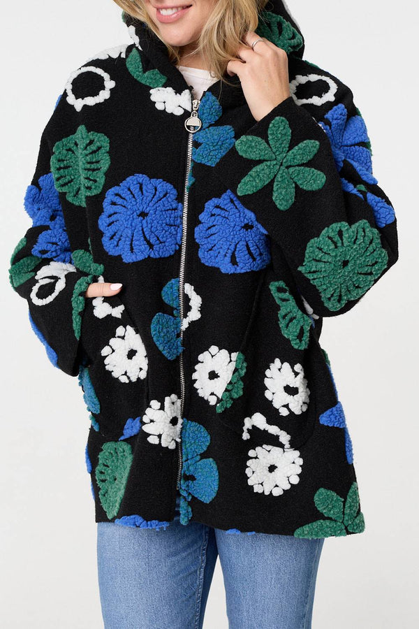 Blue | Textured Floral Longline Hoodie Coat
