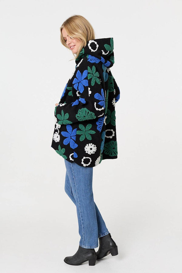 Blue | Textured Floral Longline Hoodie Coat
