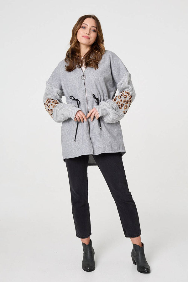 Grey | Animal Print Zip Front Relaxed Hoodie
