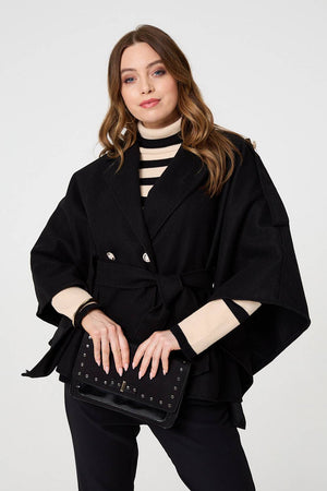 Black | Cape Coat With Belt : Model is 5'9