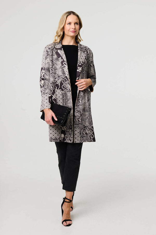 Grey | Patchwork Print Longline Blazer Jacket
