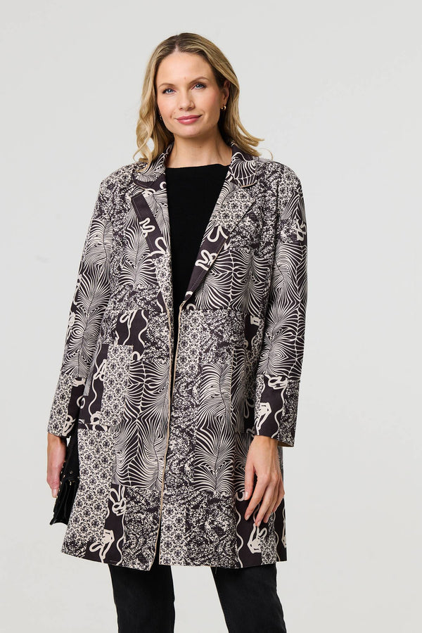Grey | Patchwork Print Longline Blazer Jacket
