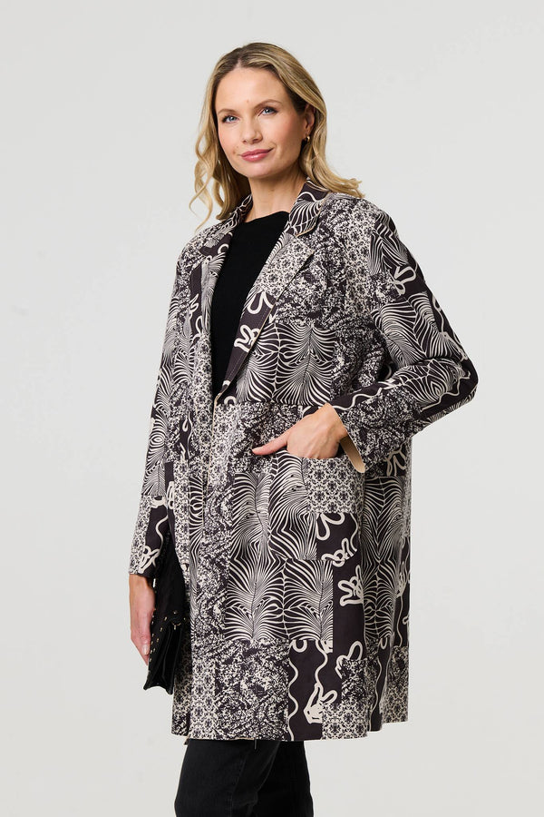 Grey | Patchwork Print Longline Blazer Jacket

