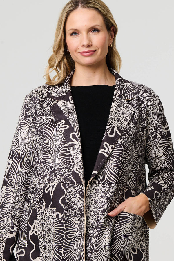 Grey | Patchwork Print Longline Blazer Jacket

