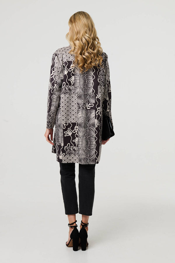 Grey | Patchwork Print Longline Blazer Jacket
