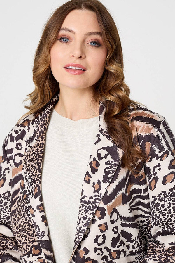 Brown | Animal Print Longline Blazer Coat
