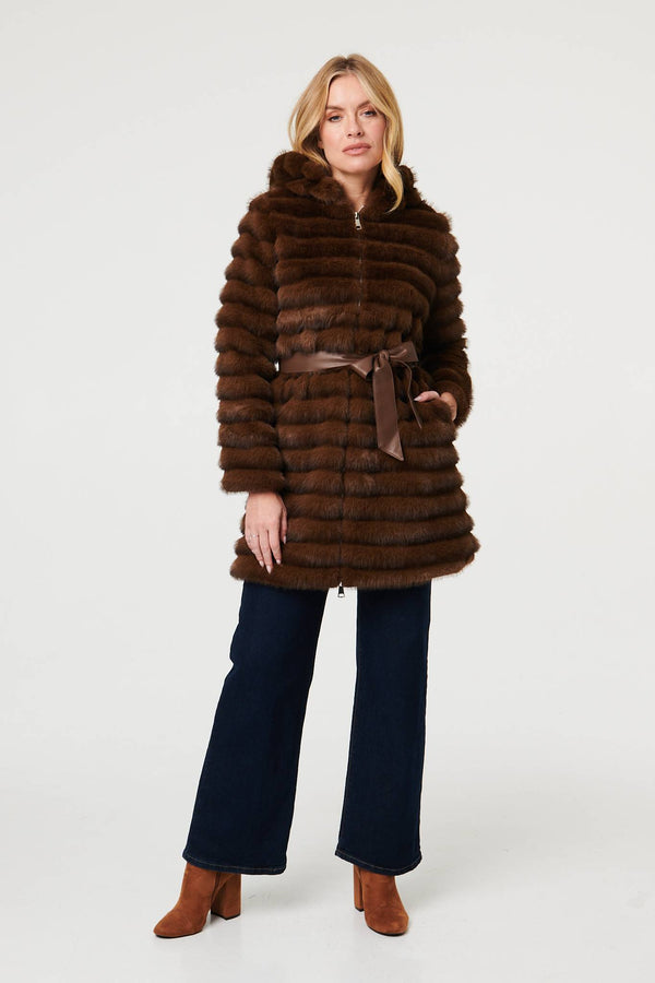 Brown | Faux Fur Striped Tie Waist Longline Coat

