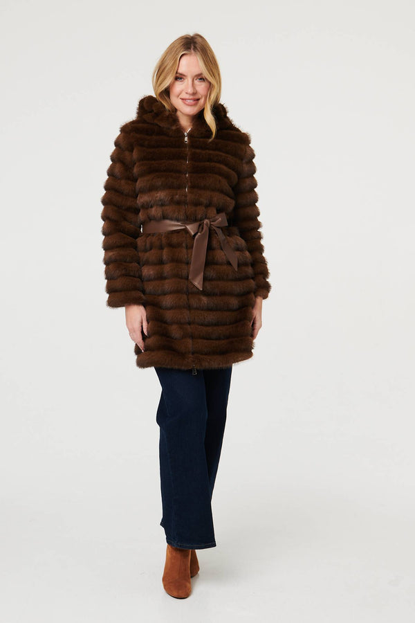 Brown | Faux Fur Striped Tie Waist Longline Coat
