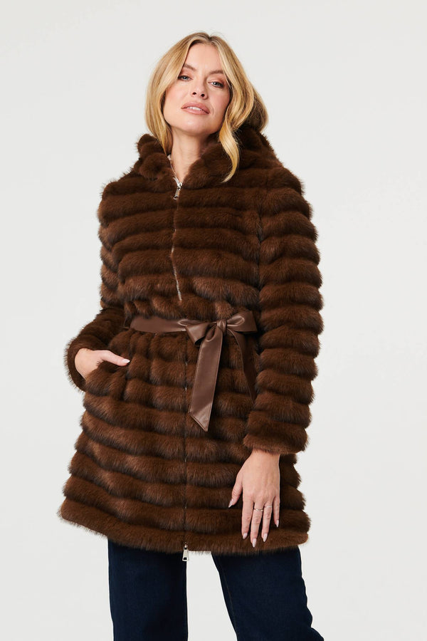 Brown | Faux Fur Striped Tie Waist Longline Coat
