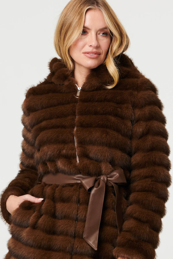 Brown | Faux Fur Striped Tie Waist Longline Coat
