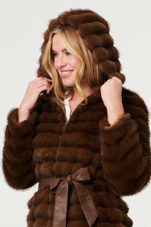 Brown | Faux Fur Striped Tie Waist Longline Coat
