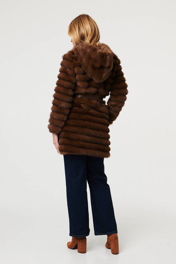 Brown | Faux Fur Striped Tie Waist Longline Coat
