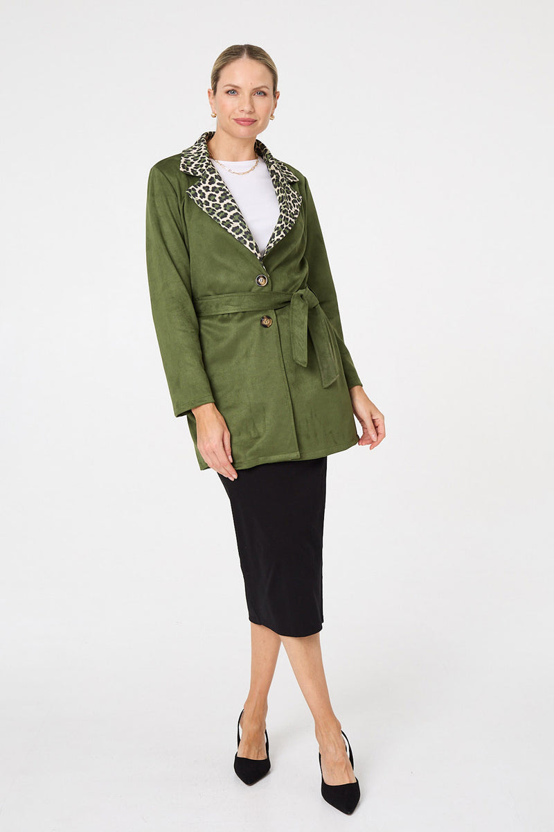 Green | Animal Print Faux Suede Tie Waist Jacket
