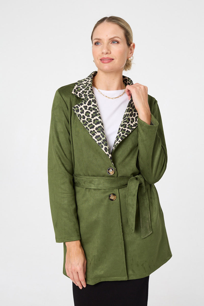 Green | Animal Print Faux Suede Tie Waist Jacket
