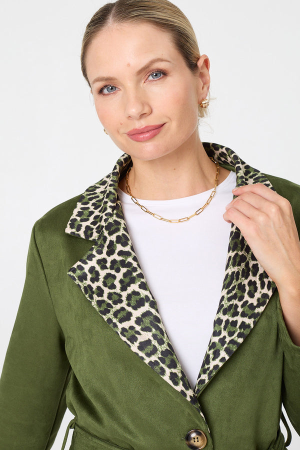 Green | Animal Print Faux Suede Tie Waist Jacket
