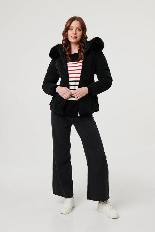 Black | Faux Fur Trim Hooded Zip-Up Jacket
