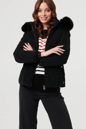 Black | Faux Fur Trim Hooded Zip-Up Jacket
