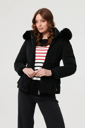 Black | Faux Fur Trim Hooded Zip-Up Jacket
