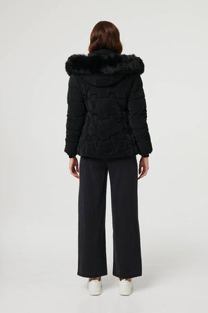 Black | Faux Fur Trim Hooded Zip-Up Jacket
