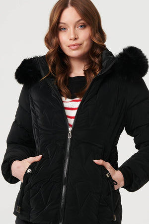 Black | Faux Fur Trim Hooded Zip-Up Jacket
