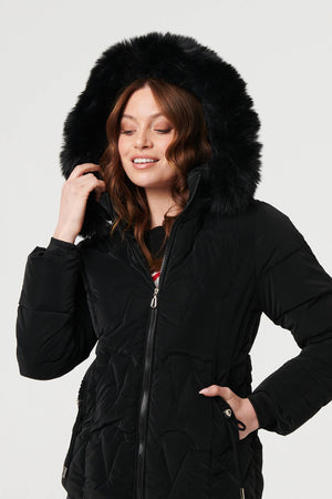 Black | Faux Fur Trim Hooded Zip-Up Jacket

